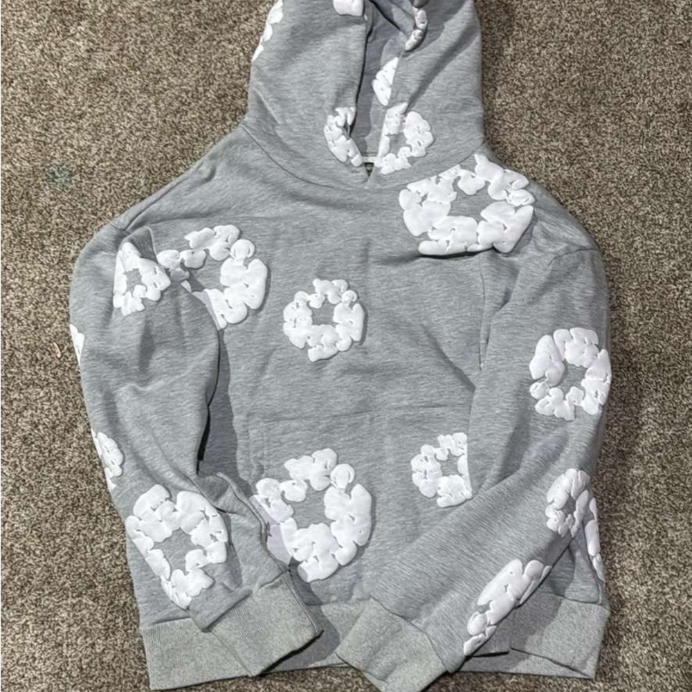 Gray Hoodie with White Floral Patterns